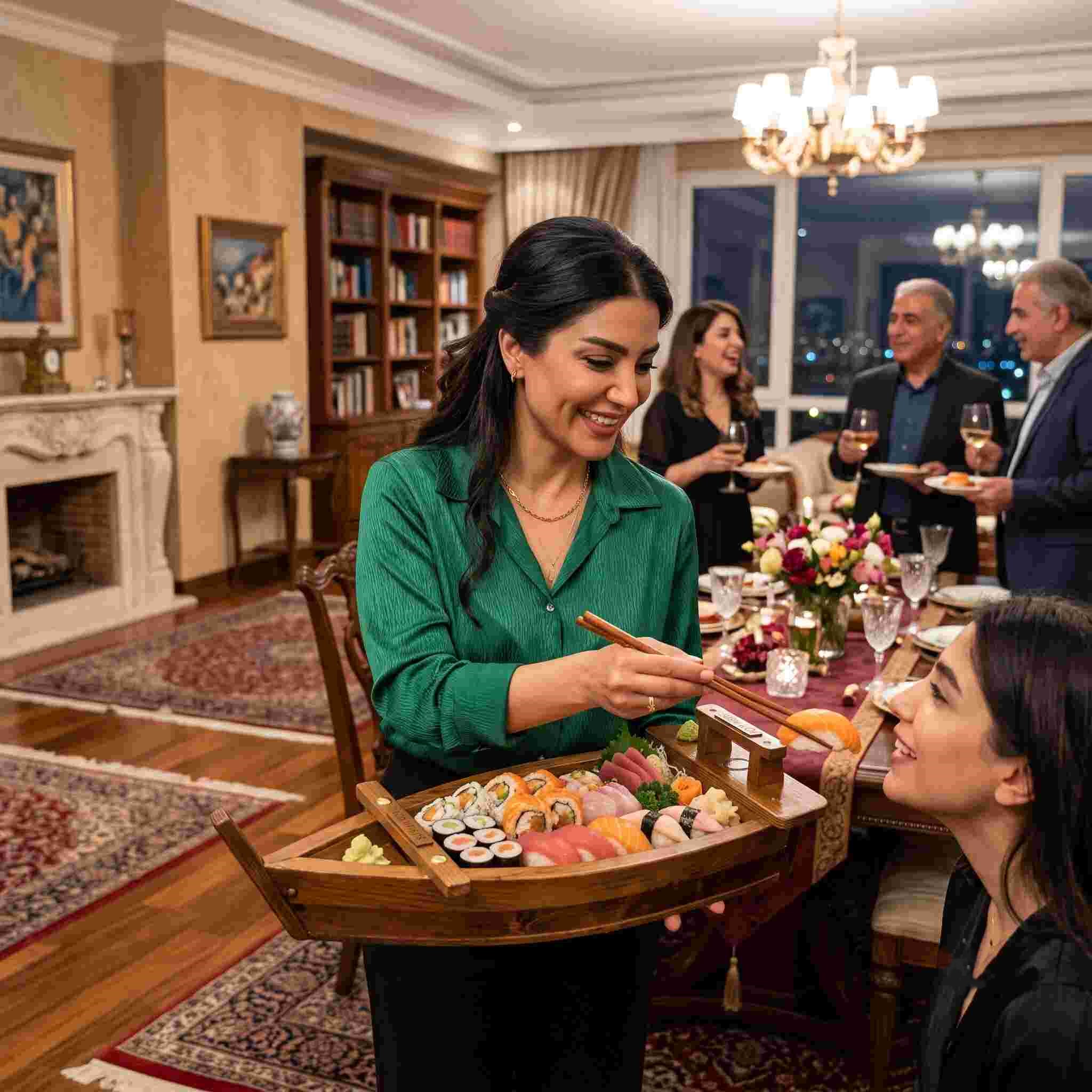 چیدمان فینگرفود و سوشی روی دیس چوبی بزرگ